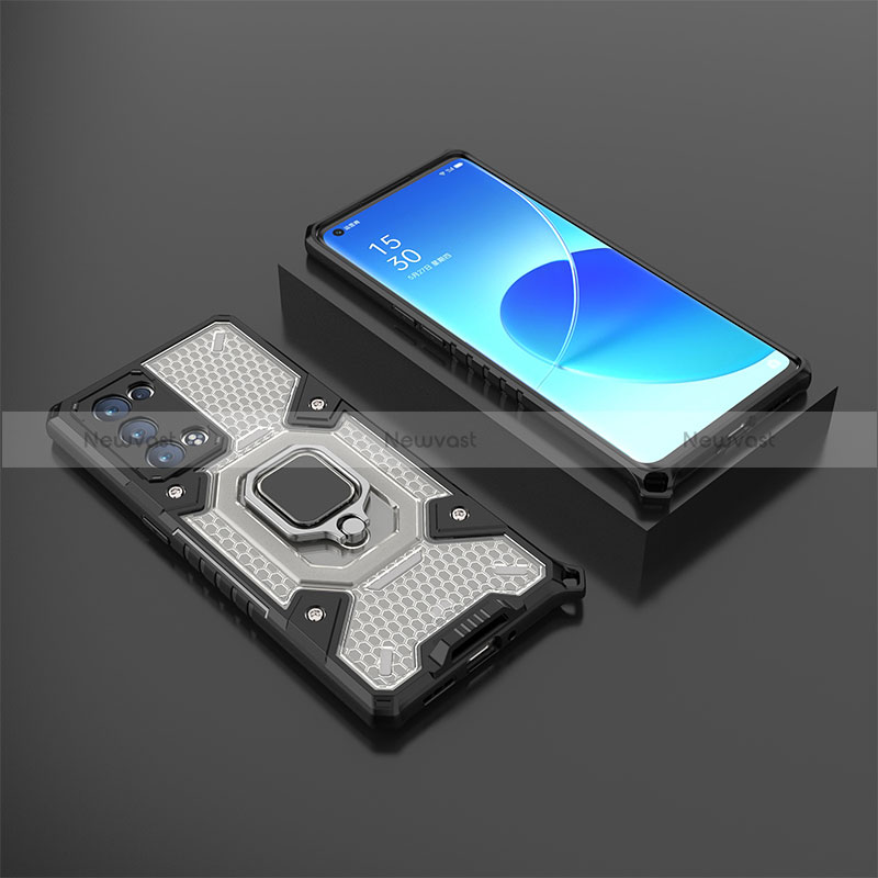 Silicone Matte Finish and Plastic Back Cover Case with Magnetic Finger Ring Stand S07 for Oppo Reno6 Pro+ Plus 5G