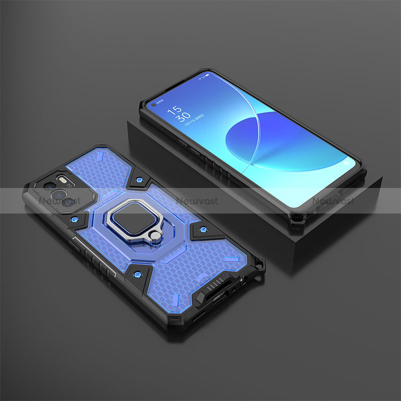 Silicone Matte Finish and Plastic Back Cover Case with Magnetic Finger Ring Stand S07 for Oppo Reno6 Z 5G