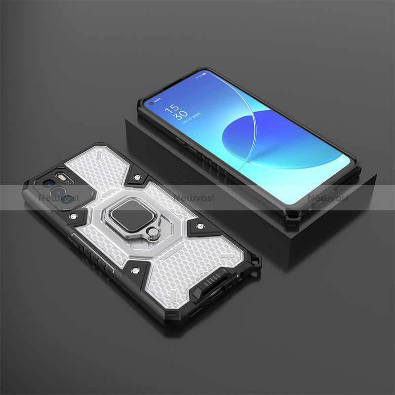 Silicone Matte Finish and Plastic Back Cover Case with Magnetic Finger Ring Stand S07 for Oppo Reno6 Z 5G Black