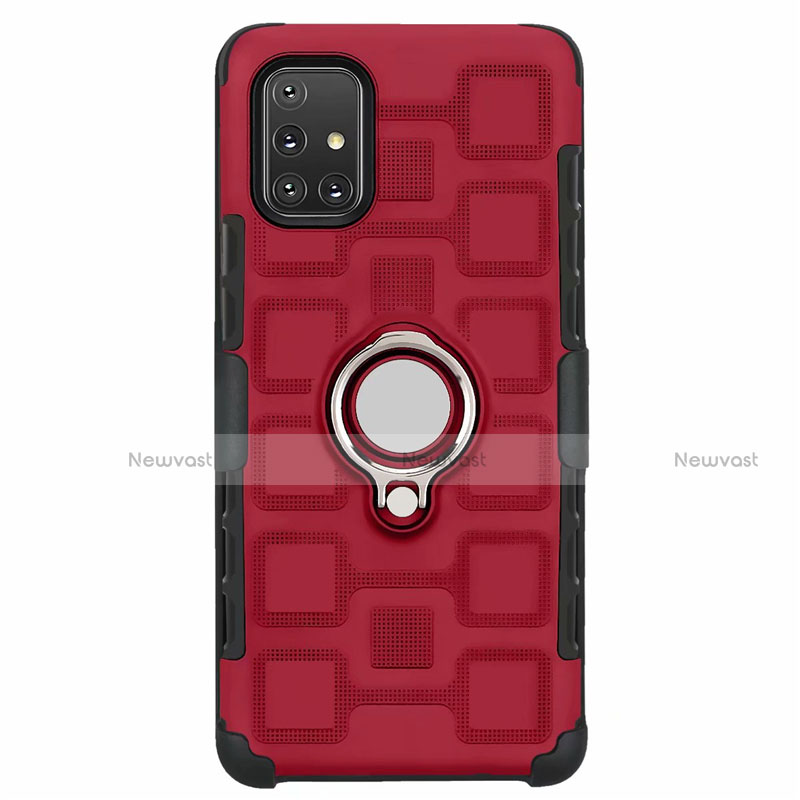 Silicone Matte Finish and Plastic Back Cover Case with Magnetic Finger Ring Stand S07 for Samsung Galaxy A71 5G Red