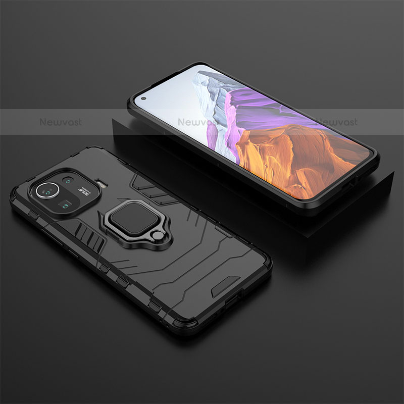 Silicone Matte Finish and Plastic Back Cover Case with Magnetic Finger Ring Stand S07 for Xiaomi Mi 11 Pro 5G Black