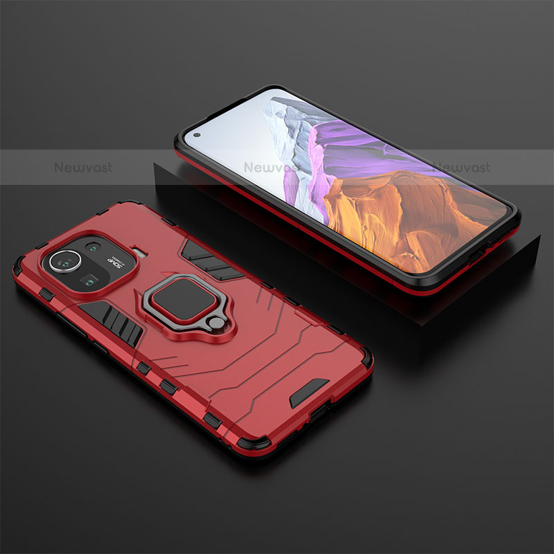 Silicone Matte Finish and Plastic Back Cover Case with Magnetic Finger Ring Stand S07 for Xiaomi Mi 11 Pro 5G Red