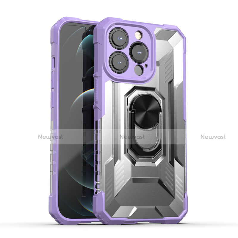 Silicone Matte Finish and Plastic Back Cover Case with Magnetic Finger Ring Stand S08 for Apple iPhone 13 Pro Max Purple