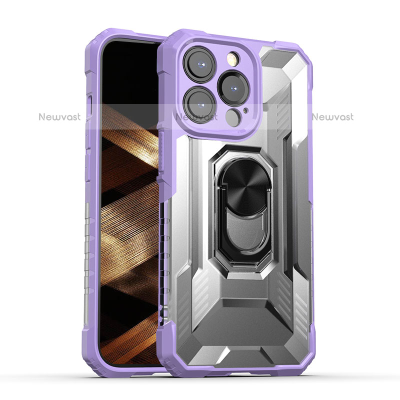 Silicone Matte Finish and Plastic Back Cover Case with Magnetic Finger Ring Stand S08 for Apple iPhone 15 Pro Purple