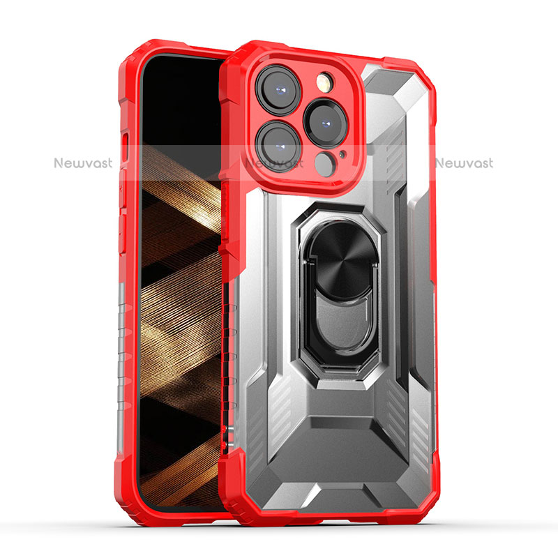 Silicone Matte Finish and Plastic Back Cover Case with Magnetic Finger Ring Stand S08 for Apple iPhone 15 Pro Red