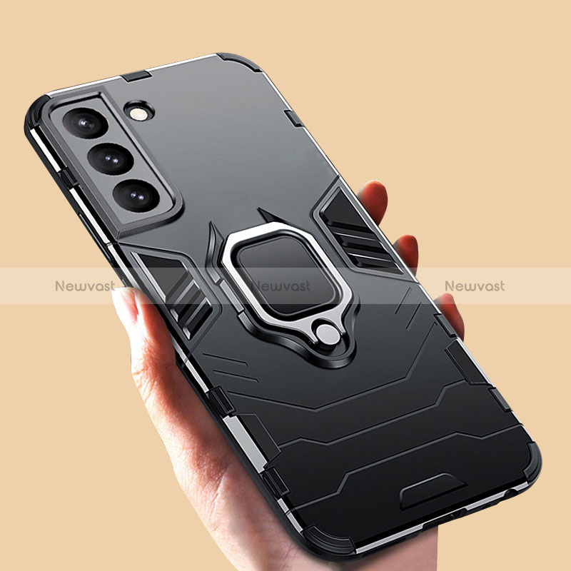 Silicone Matte Finish and Plastic Back Cover Case with Magnetic Finger Ring Stand S08 for Samsung Galaxy S25 Plus 5G