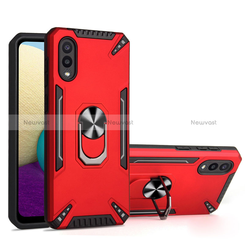 Silicone Matte Finish and Plastic Back Cover Case with Magnetic Finger Ring Stand T01 for Samsung Galaxy A02 Red