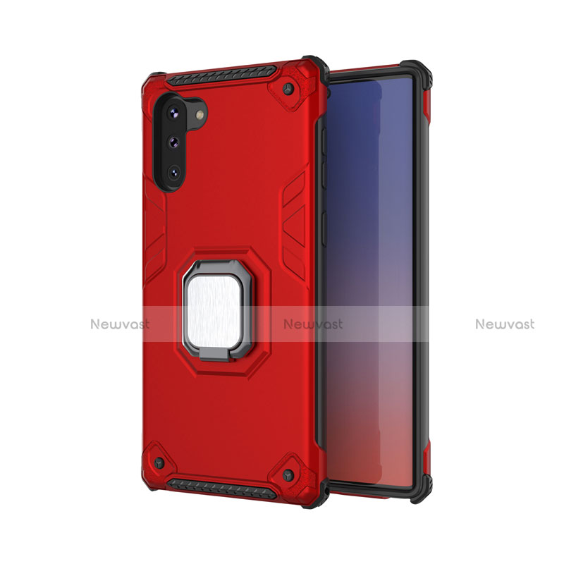 Silicone Matte Finish and Plastic Back Cover Case with Magnetic Finger Ring Stand T01 for Samsung Galaxy Note 10 5G Red