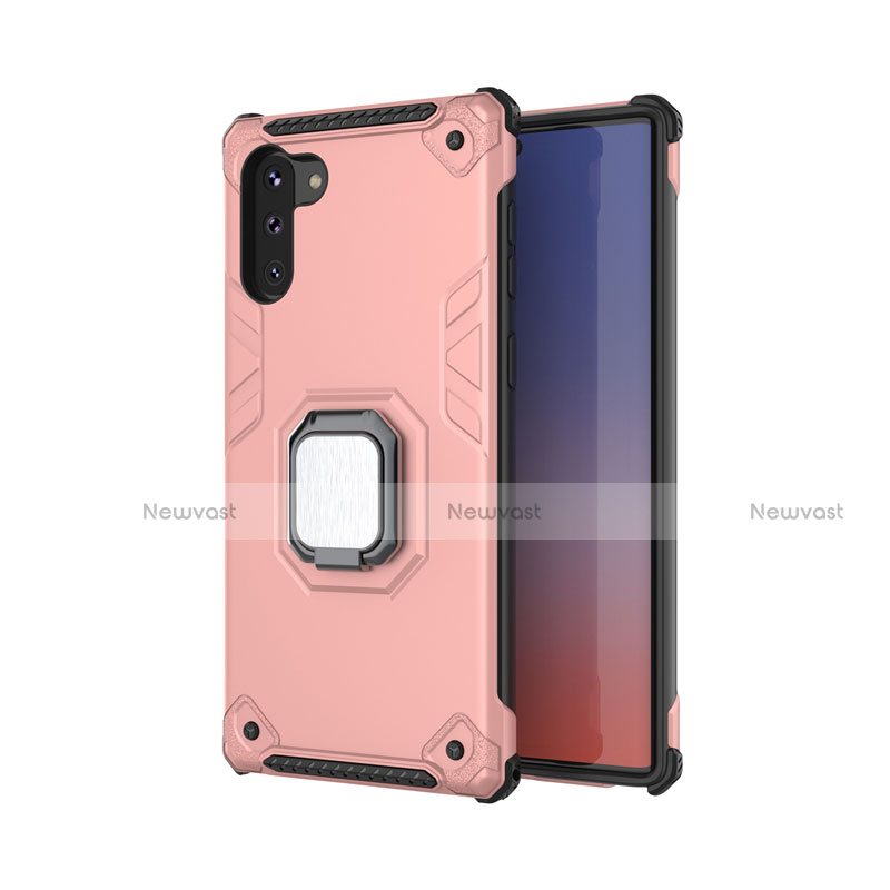 Silicone Matte Finish and Plastic Back Cover Case with Magnetic Finger Ring Stand T01 for Samsung Galaxy Note 10 5G Rose Gold