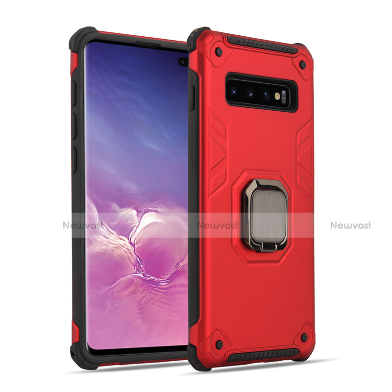 Silicone Matte Finish and Plastic Back Cover Case with Magnetic Finger Ring Stand T01 for Samsung Galaxy S10 5G Red