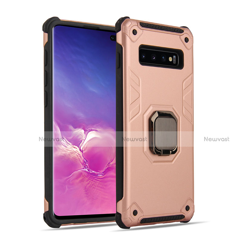 Silicone Matte Finish and Plastic Back Cover Case with Magnetic Finger Ring Stand T01 for Samsung Galaxy S10 5G Rose Gold