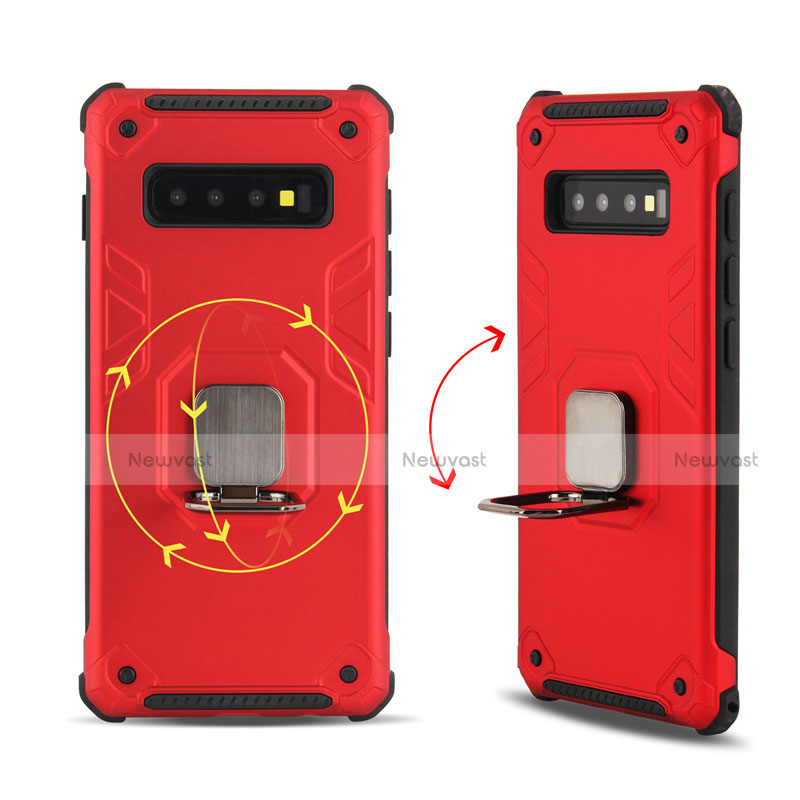 Silicone Matte Finish and Plastic Back Cover Case with Magnetic Finger Ring Stand T01 for Samsung Galaxy S10 Plus