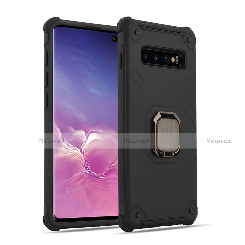 Silicone Matte Finish and Plastic Back Cover Case with Magnetic Finger Ring Stand T01 for Samsung Galaxy S10 Plus