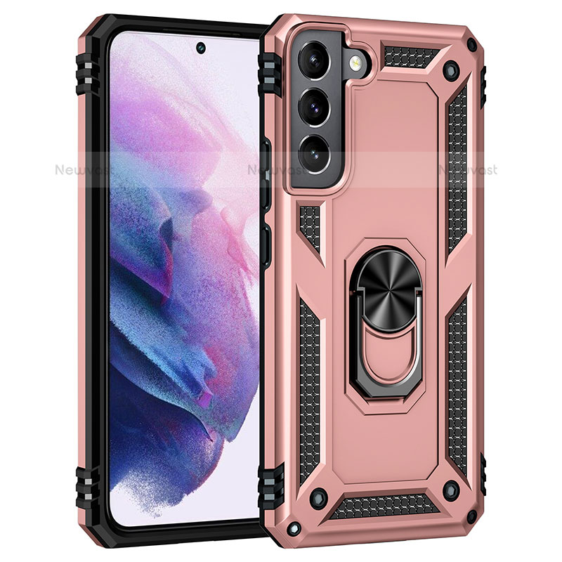 Silicone Matte Finish and Plastic Back Cover Case with Magnetic Finger Ring Stand T02 for Samsung Galaxy S21 Plus 5G Rose Gold