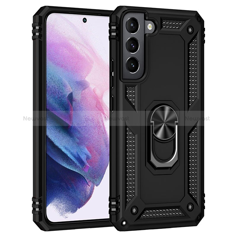 Silicone Matte Finish and Plastic Back Cover Case with Magnetic Finger Ring Stand T02 for Samsung Galaxy S22 Plus 5G Black