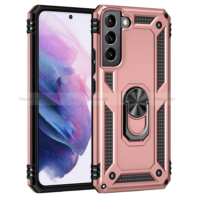 Silicone Matte Finish and Plastic Back Cover Case with Magnetic Finger Ring Stand T02 for Samsung Galaxy S22 Plus 5G Rose Gold