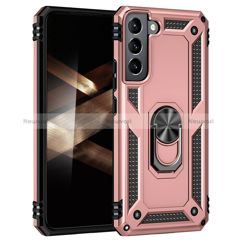 Silicone Matte Finish and Plastic Back Cover Case with Magnetic Finger Ring Stand T02 for Samsung Galaxy S24 5G Rose Gold