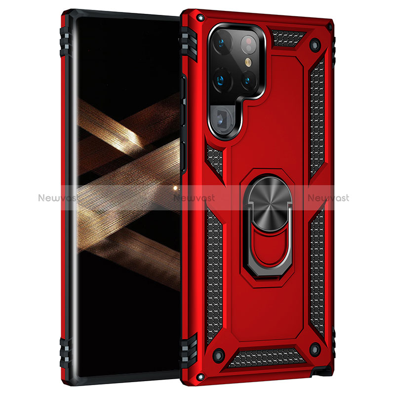 Silicone Matte Finish and Plastic Back Cover Case with Magnetic Finger Ring Stand T02 for Samsung Galaxy S24 Ultra 5G Red