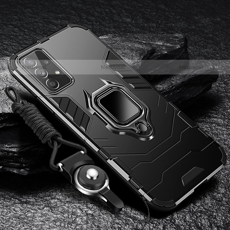 Silicone Matte Finish and Plastic Back Cover Case with Magnetic Finger Ring Stand T03 for Samsung Galaxy A23 5G Black