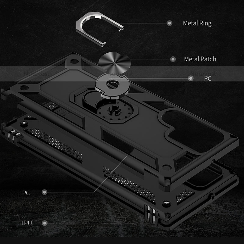 Silicone Matte Finish and Plastic Back Cover Case with Magnetic Finger Ring Stand T03 for Samsung Galaxy S21 Ultra 5G