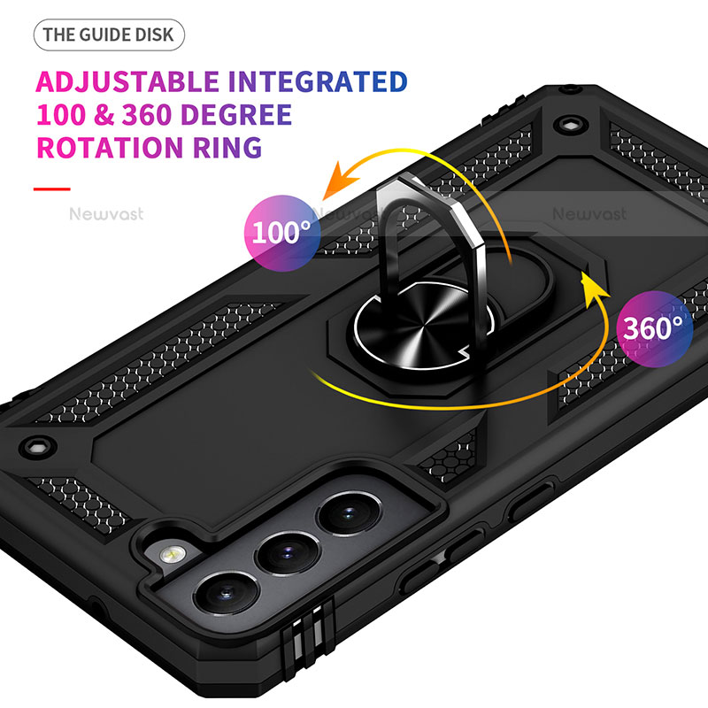 Silicone Matte Finish and Plastic Back Cover Case with Magnetic Finger Ring Stand T03 for Samsung Galaxy S23 Plus 5G