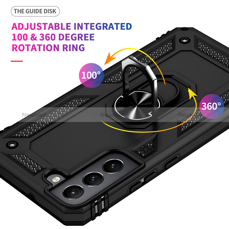 Silicone Matte Finish and Plastic Back Cover Case with Magnetic Finger Ring Stand T03 for Samsung Galaxy S24 5G