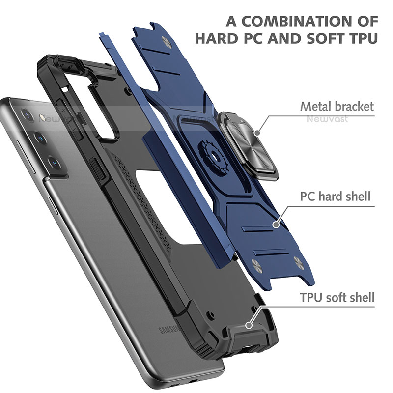 Silicone Matte Finish and Plastic Back Cover Case with Magnetic Finger Ring Stand T05 for Samsung Galaxy S21 5G