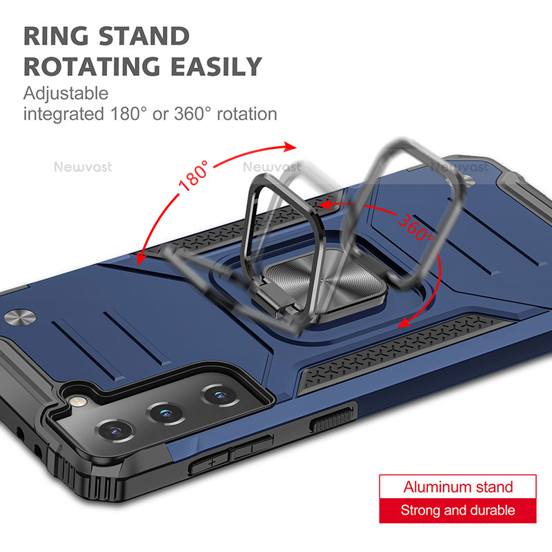 Silicone Matte Finish and Plastic Back Cover Case with Magnetic Finger Ring Stand T05 for Samsung Galaxy S21 FE 5G