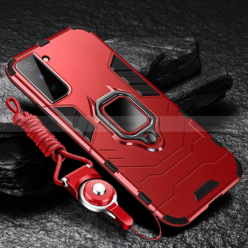 Silicone Matte Finish and Plastic Back Cover Case with Magnetic Finger Ring Stand T06 for Samsung Galaxy S22 Plus 5G Red