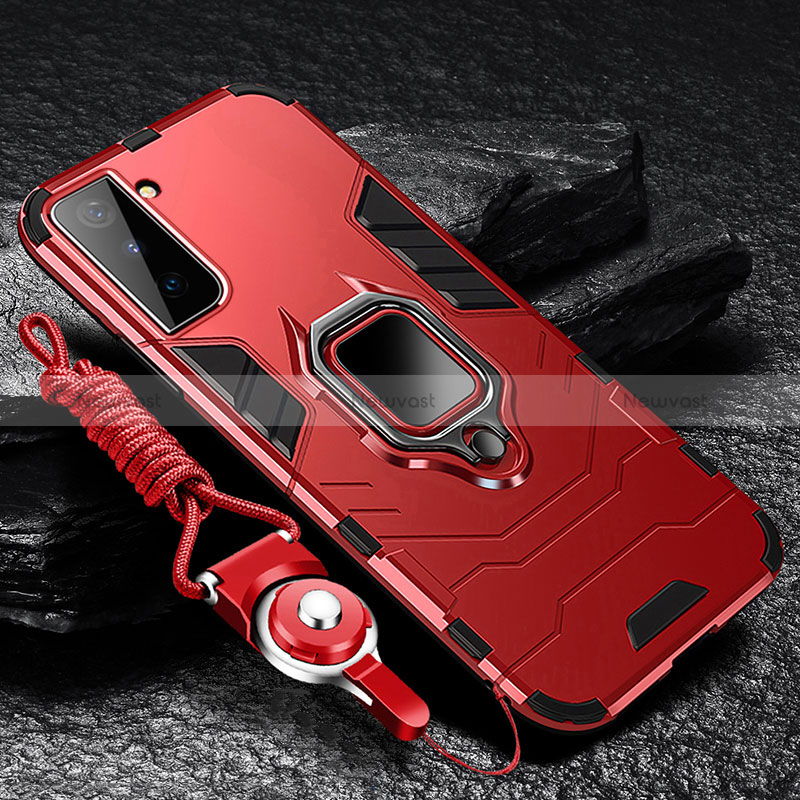 Silicone Matte Finish and Plastic Back Cover Case with Magnetic Finger Ring Stand T06 for Samsung Galaxy S24 Plus 5G