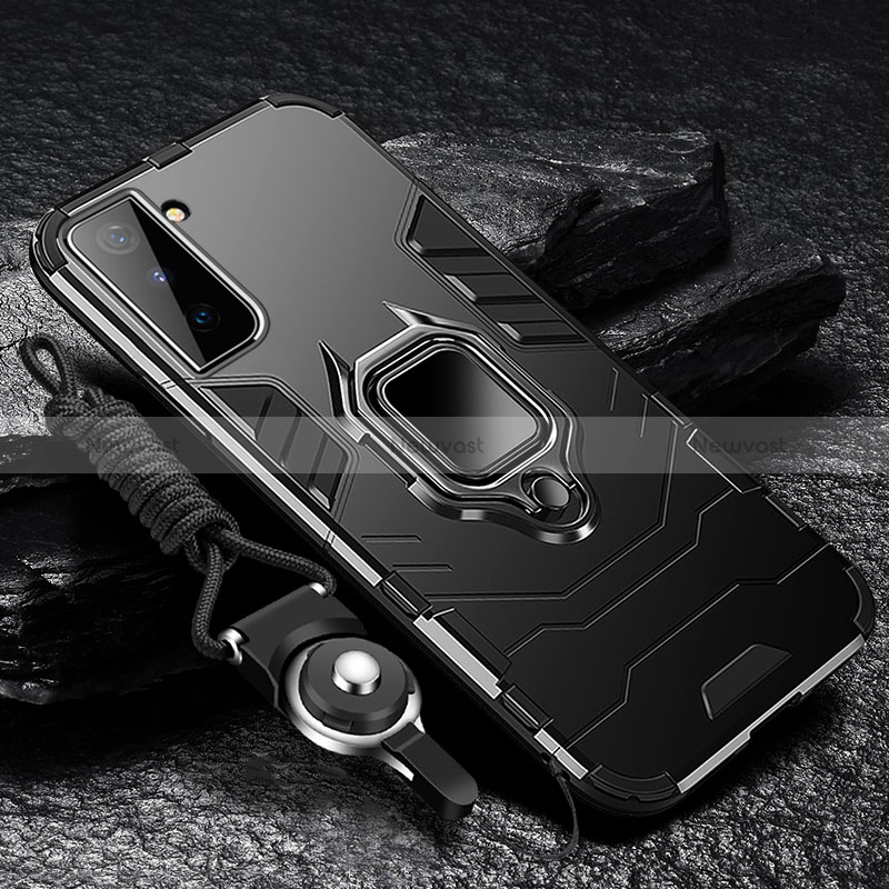 Silicone Matte Finish and Plastic Back Cover Case with Magnetic Finger Ring Stand T06 for Samsung Galaxy S24 Plus 5G Black