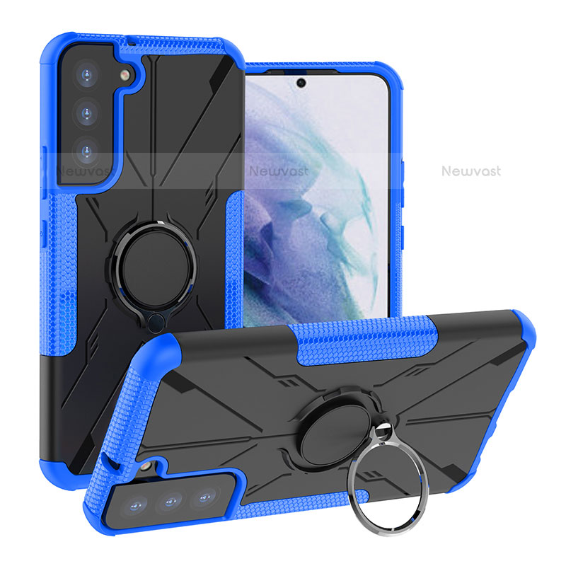 Silicone Matte Finish and Plastic Back Cover Case with Magnetic Finger Ring Stand T08 for Samsung Galaxy S21 5G Blue