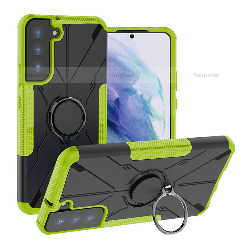 Silicone Matte Finish and Plastic Back Cover Case with Magnetic Finger Ring Stand T08 for Samsung Galaxy S21 5G Green