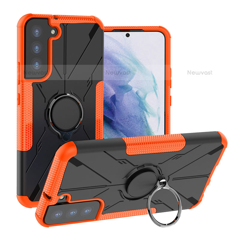 Silicone Matte Finish and Plastic Back Cover Case with Magnetic Finger Ring Stand T08 for Samsung Galaxy S21 FE 5G Orange