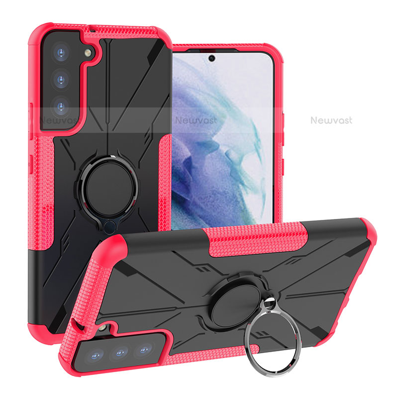 Silicone Matte Finish and Plastic Back Cover Case with Magnetic Finger Ring Stand T08 for Samsung Galaxy S21 Plus 5G Hot Pink