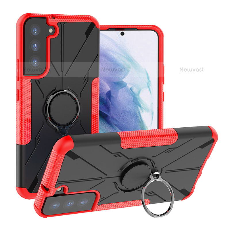 Silicone Matte Finish and Plastic Back Cover Case with Magnetic Finger Ring Stand T08 for Samsung Galaxy S21 Plus 5G Red