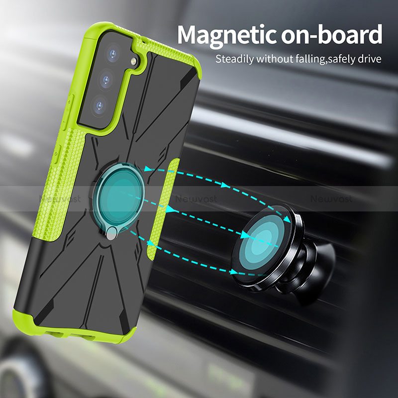 Silicone Matte Finish and Plastic Back Cover Case with Magnetic Finger Ring Stand T08 for Samsung Galaxy S22 Plus 5G