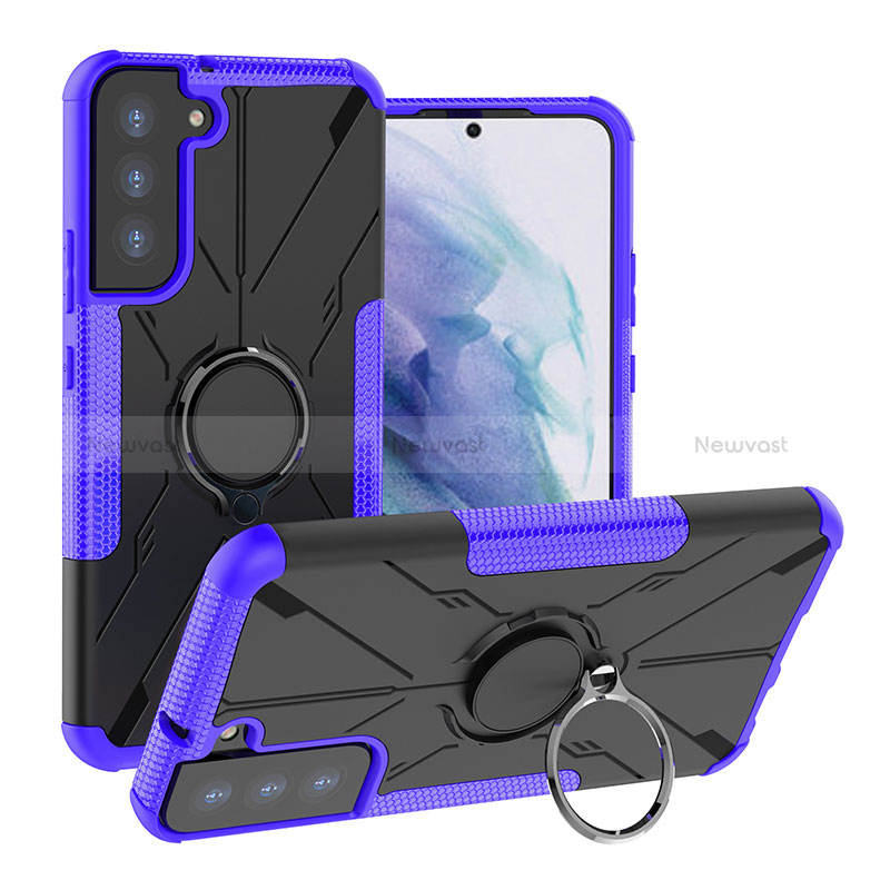 Silicone Matte Finish and Plastic Back Cover Case with Magnetic Finger Ring Stand T08 for Samsung Galaxy S22 Plus 5G Purple