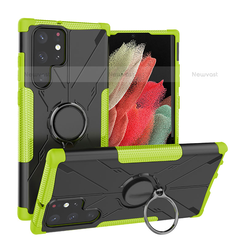 Silicone Matte Finish and Plastic Back Cover Case with Magnetic Finger Ring Stand T08 for Samsung Galaxy S22 Ultra 5G Green