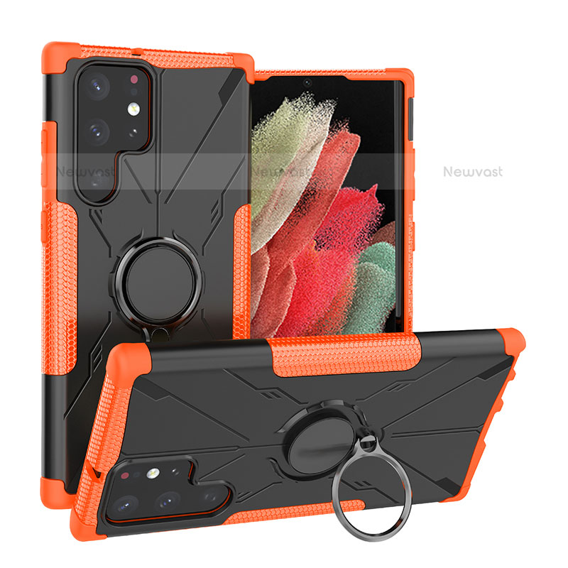 Silicone Matte Finish and Plastic Back Cover Case with Magnetic Finger Ring Stand T08 for Samsung Galaxy S23 Ultra 5G Orange