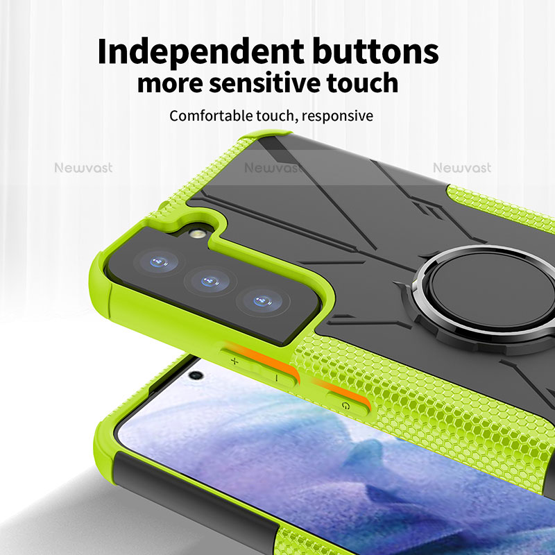 Silicone Matte Finish and Plastic Back Cover Case with Magnetic Finger Ring Stand T09 for Samsung Galaxy S21 5G