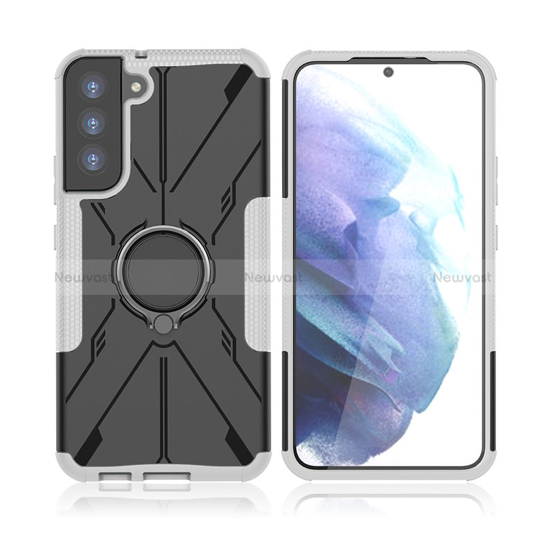 Silicone Matte Finish and Plastic Back Cover Case with Magnetic Finger Ring Stand T09 for Samsung Galaxy S22 Plus 5G Gray