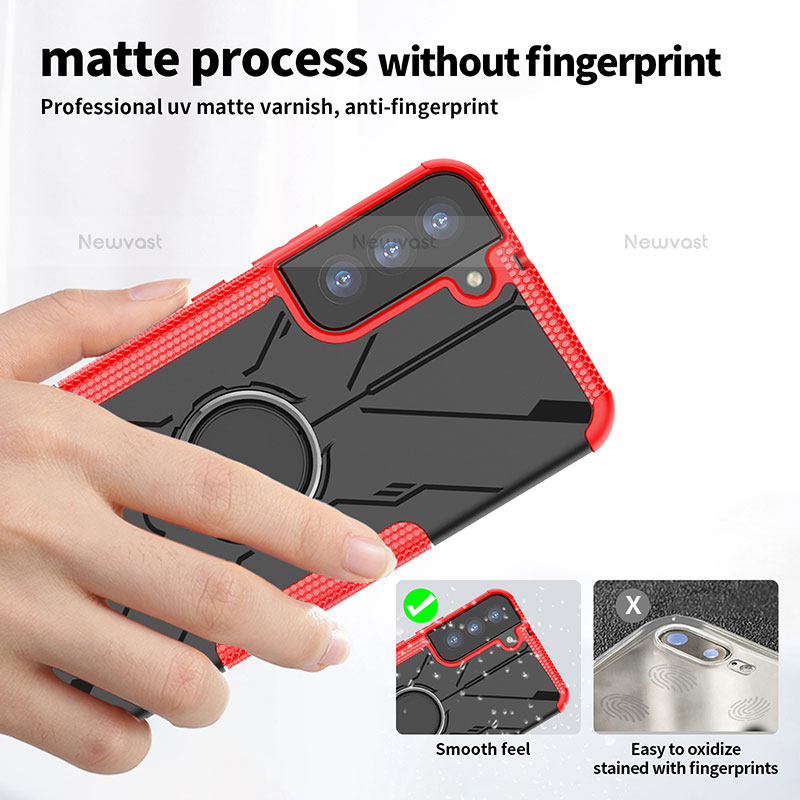 Silicone Matte Finish and Plastic Back Cover Case with Magnetic Finger Ring Stand T09 for Samsung Galaxy S23 Plus 5G