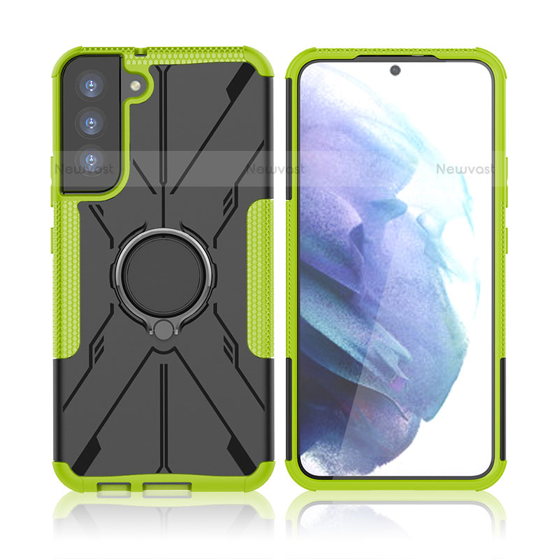 Silicone Matte Finish and Plastic Back Cover Case with Magnetic Finger Ring Stand T09 for Samsung Galaxy S23 Plus 5G Green