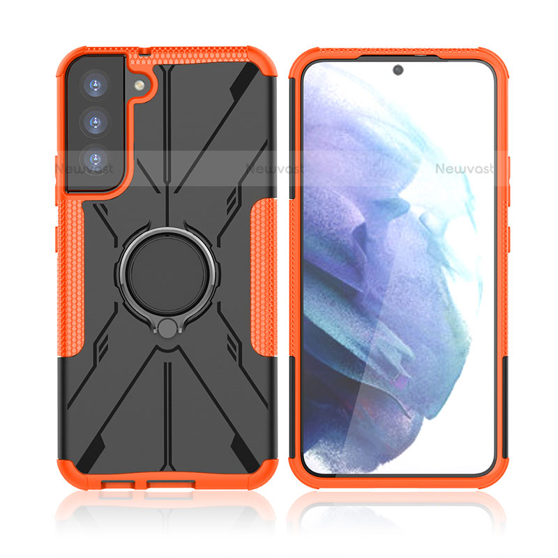 Silicone Matte Finish and Plastic Back Cover Case with Magnetic Finger Ring Stand T09 for Samsung Galaxy S23 Plus 5G Orange