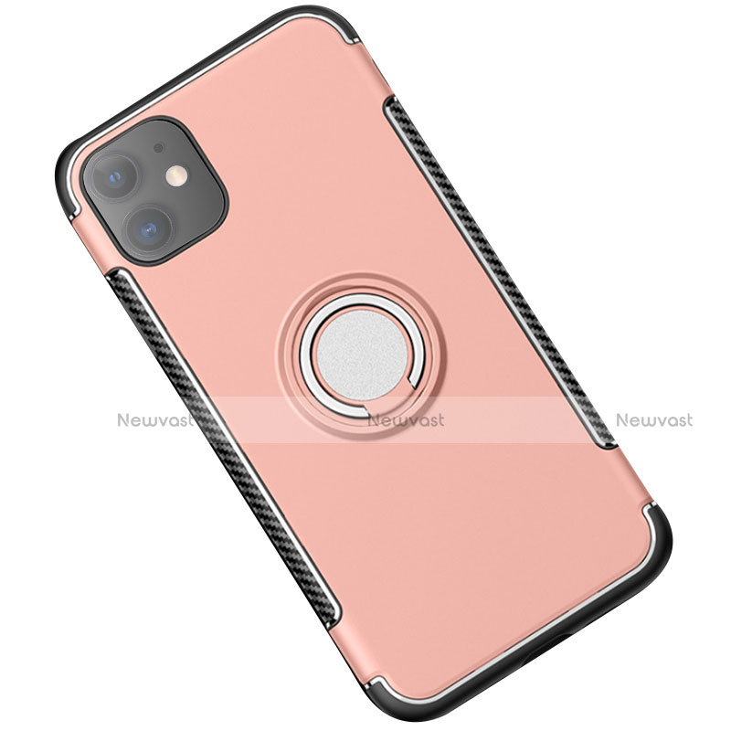 Silicone Matte Finish and Plastic Back Cover Case with Magnetic Finger Ring Stand Y01 for Apple iPhone 11 Rose Gold