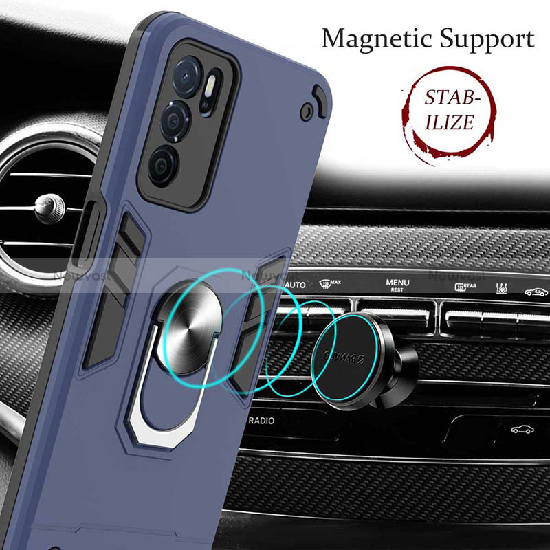 Silicone Matte Finish and Plastic Back Cover Case with Magnetic Finger Ring Stand Y01B for Oppo A16