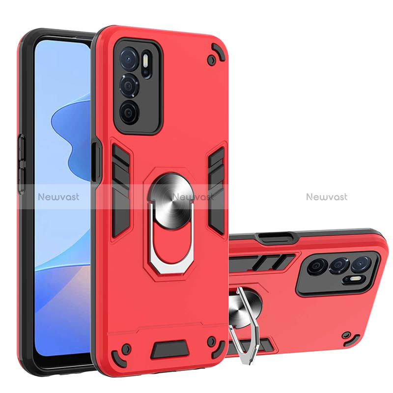 Silicone Matte Finish and Plastic Back Cover Case with Magnetic Finger Ring Stand Y01B for Oppo A16 Red