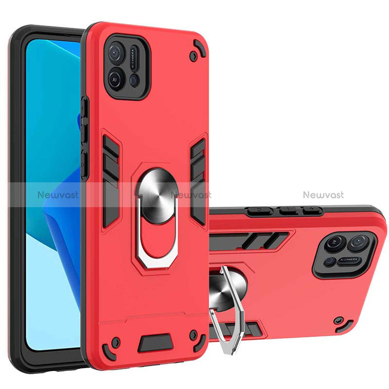 Silicone Matte Finish and Plastic Back Cover Case with Magnetic Finger Ring Stand Y01B for Oppo A16e Red