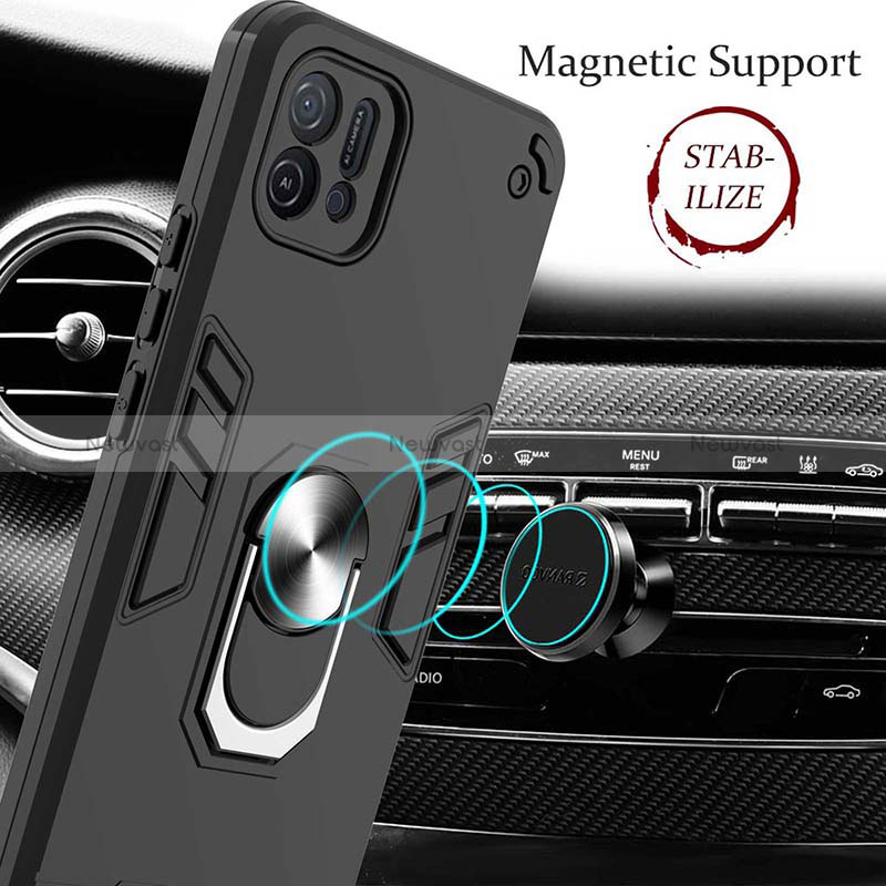 Silicone Matte Finish and Plastic Back Cover Case with Magnetic Finger Ring Stand Y01B for Oppo A16K